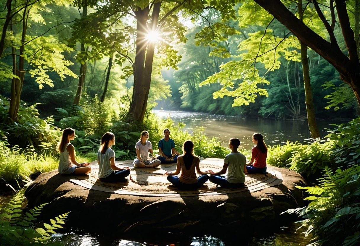 A serene woodland scene featuring a diverse group of people engaged in a nature-based bonding activity, such as a circle of meditation or a cooperative game. Lush greenery surrounds them, with sunlight filtering through the leaves creating a warm glow. In the background, a gentle river flows, adding a sense of calm serenity. The image should evoke feelings of tranquility, connection, and emotional healing. super-realistic. vibrant colors. soft focus.