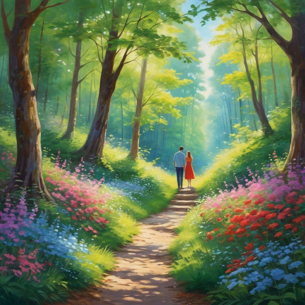 A serene landscape showcasing a couple immersed in a lush, green forest, sharing a tender moment surrounded by blooming flowers and gentle sunlight filtering through the leaves. The atmosphere should convey warmth, love, and emotional wellness, with a winding path leading deeper into the woods, symbolizing growth and connection. Include vibrant colors and soft, dreamlike elements to emphasize the romance. painting. vibrant colors.