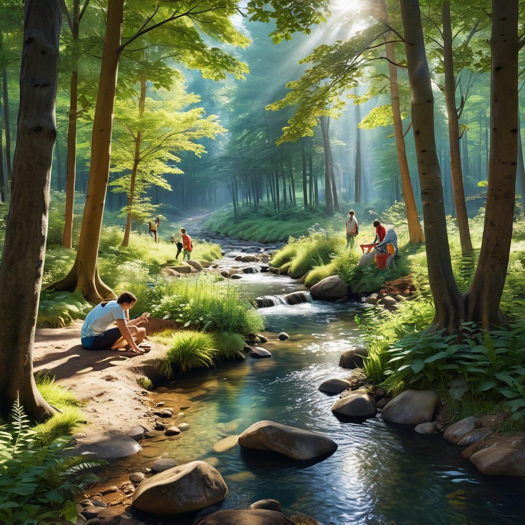 A serene forest scene with towering trees, dappled sunlight filtering through the leaves, and diverse groups of people engaged in joyful activities like planting saplings and sharing stories. A gentle stream flows nearby, symbolizing trust and camaraderie. Vibrant colors highlighting the natural beauty, with flora and fauna subtly integrated throughout. super-realistic. vibrant colors. 3D.